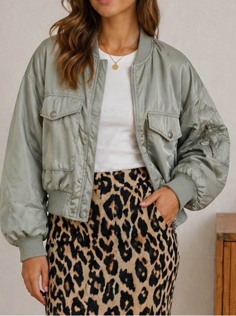 Ci Sono Sage Green Cropped Bomber Jacket